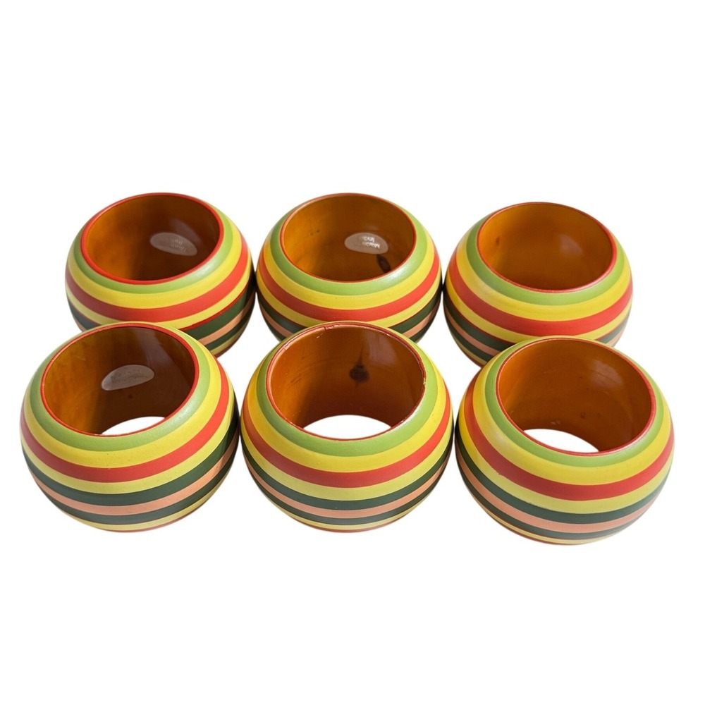 Vintage Multicolor Striped Wood Napkin Rings Set of 6 Hand Painted Table Decor - Picture 2 of 4